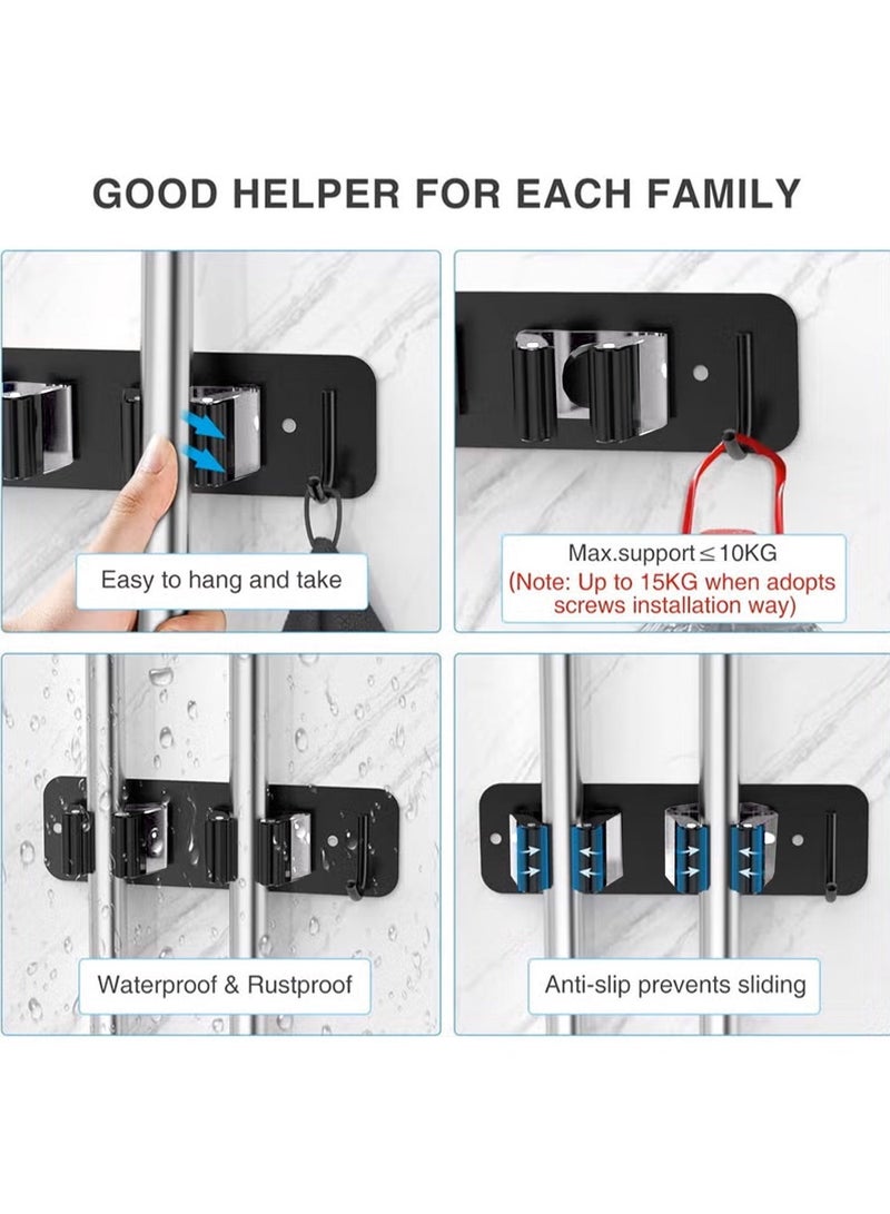 2-Pack Wall Mount Mop and Broom Holder, Heavy Duty Stainless Steel Organizer Rack with Hooks, 2-in-1 No Drill & Screw Installation, Black - Image 4